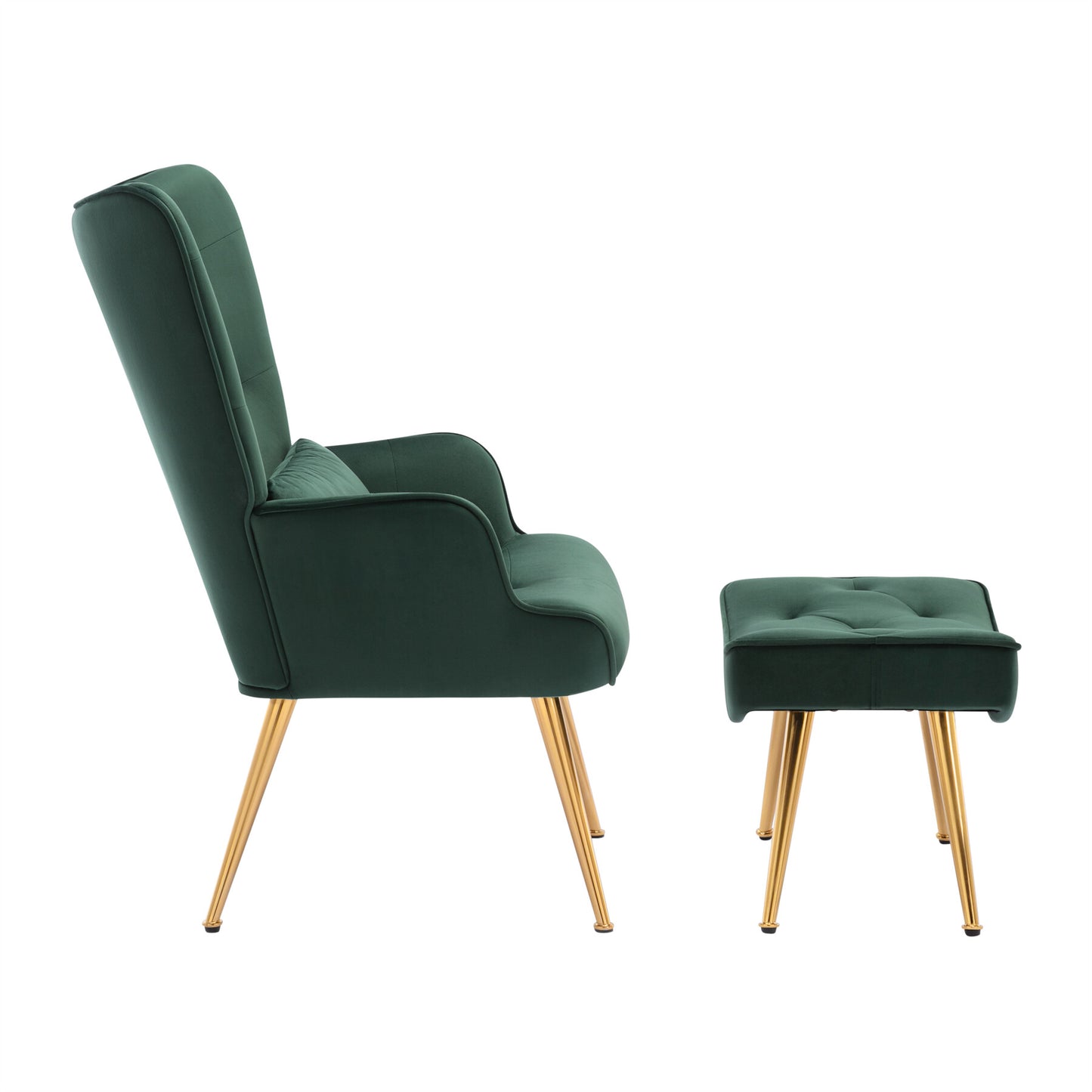 Cadeira de braços com banqueta Almofada de cintura Cadeira de relaxamento Pés de metal Poltrona retrô Sala de estar Cadeira de veludo TV Verde