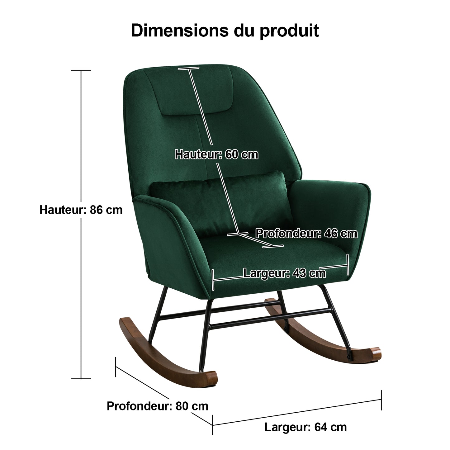 Fauteuil à Bascule en Velours Rembourré avec Support Lombaire,  Fauteuil Allaitement à Bascule pour Salon, Chambre d'enfant, Vert Foncé