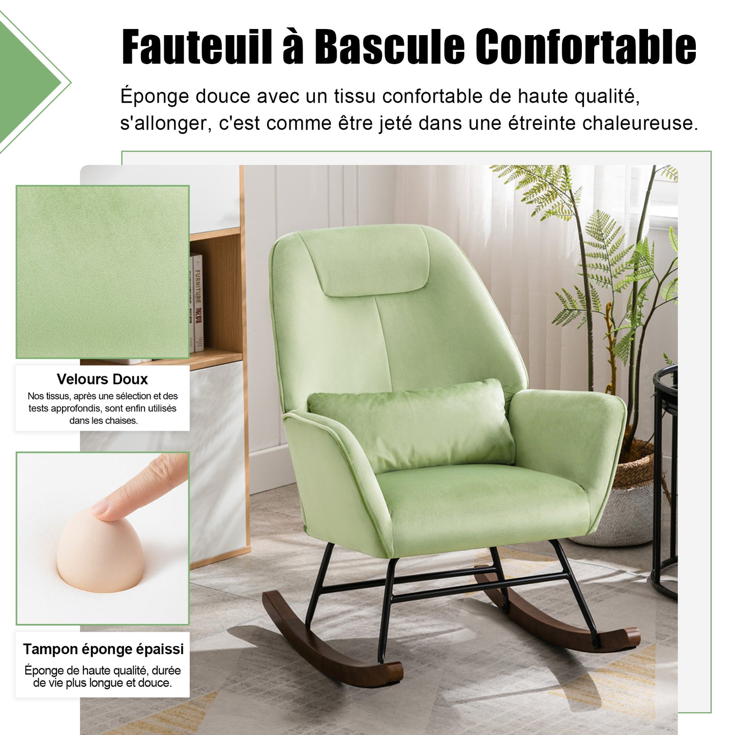 Fauteuil à Bascule en Velours Rembourré avec Support Lombaire,  Fauteuil Allaitement à Bascule pour Salon, Chambre d'enfant, Vert Clair