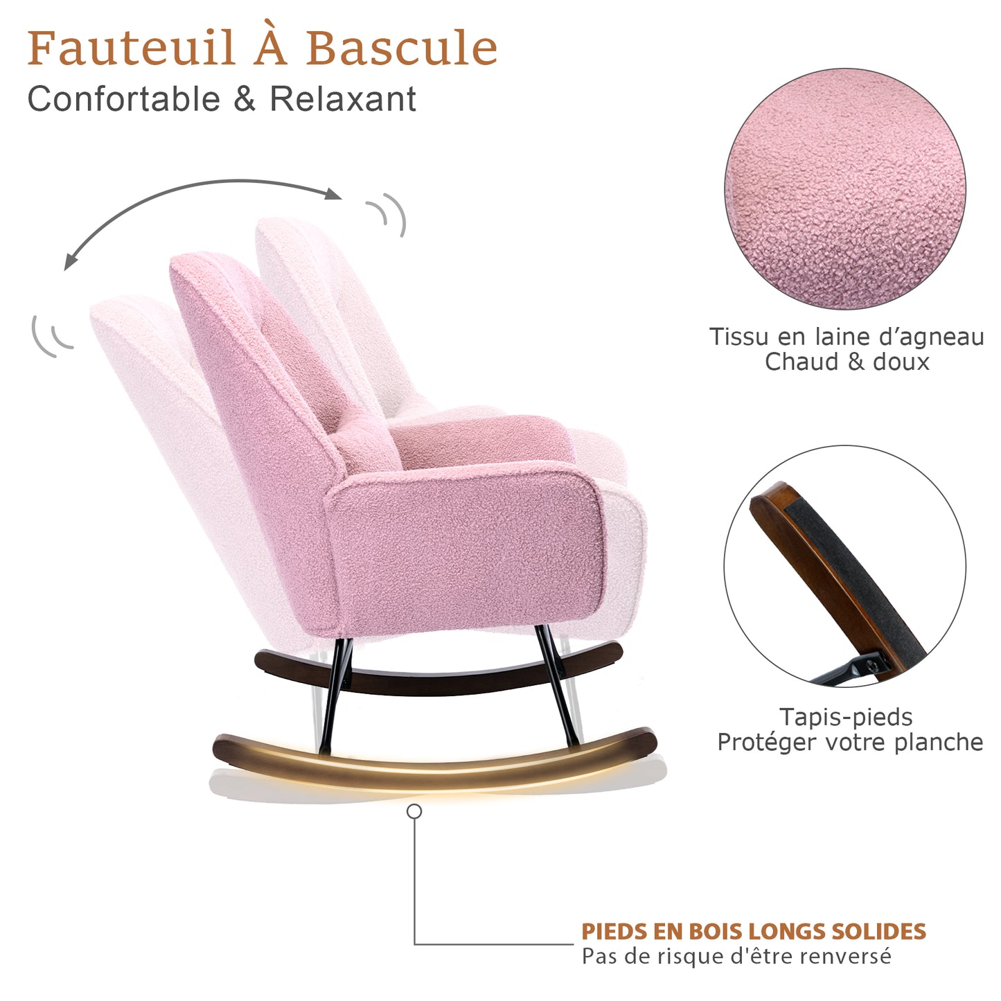 Fauteuil à Bascule en Laine d'agneau Fauteuil en Laine Moderne, Chaise à Bascule Confortable avec Pieds en Bois Massif  Rose