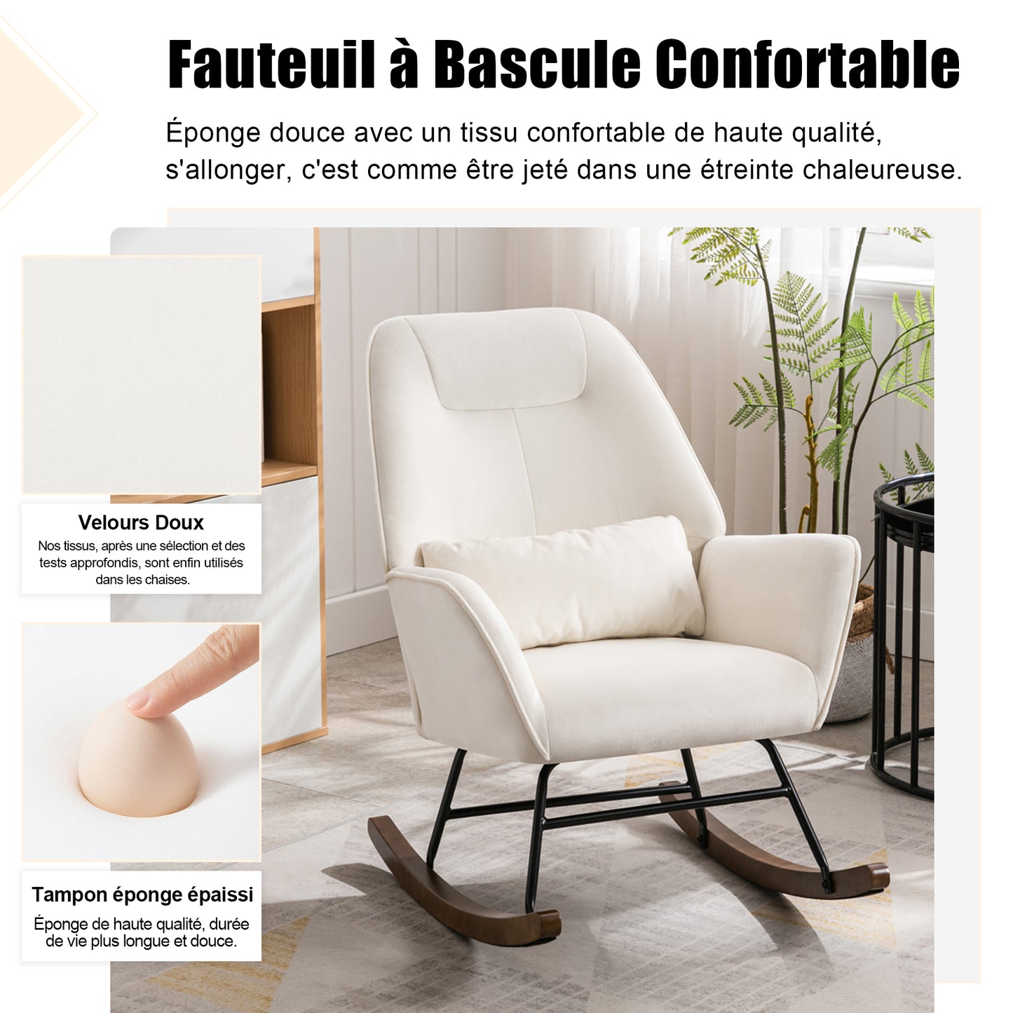 Fauteuil à Bascule d'Allaitement en Suédine Beige - Structure Métal avec Piètement Bois - Confort Maternité