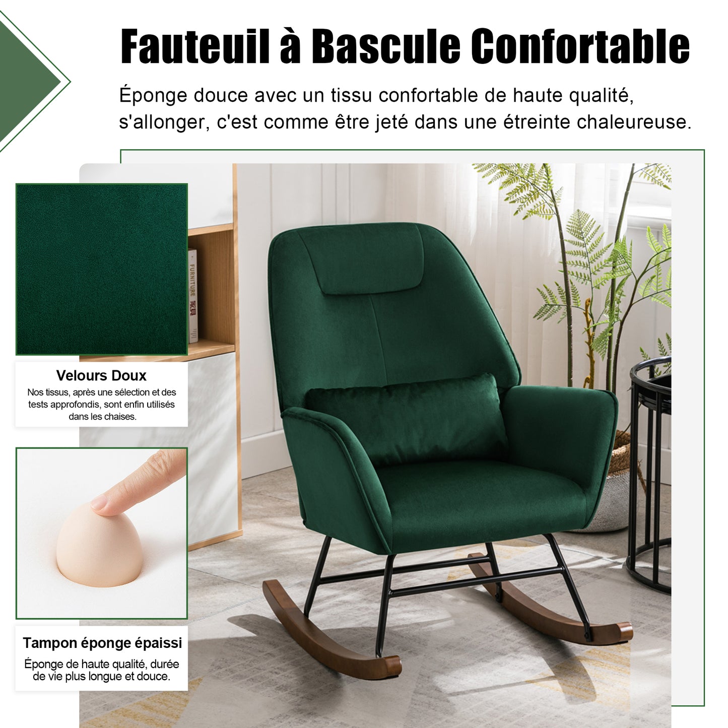 Fauteuil à Bascule en Velours Rembourré avec Support Lombaire,  Fauteuil Allaitement à Bascule pour Salon, Chambre d'enfant, Vert Foncé