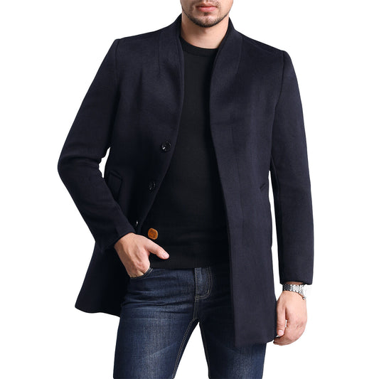 YOUTHUP Mens Casual Simple Solid Color Long Single Breasted Wool Coat