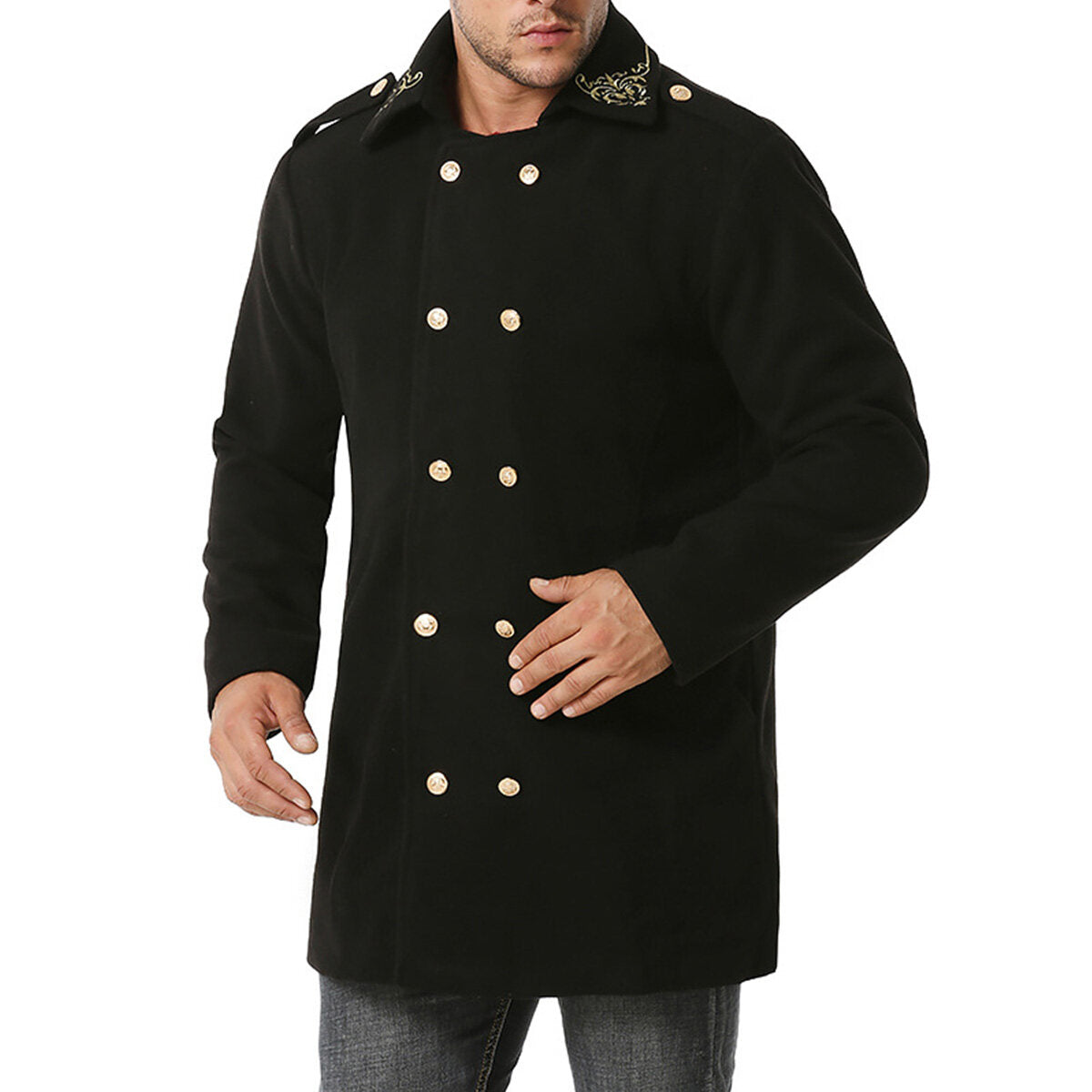 Youthup Mens Foil Stamping Print Lapel Wool Pea Coat