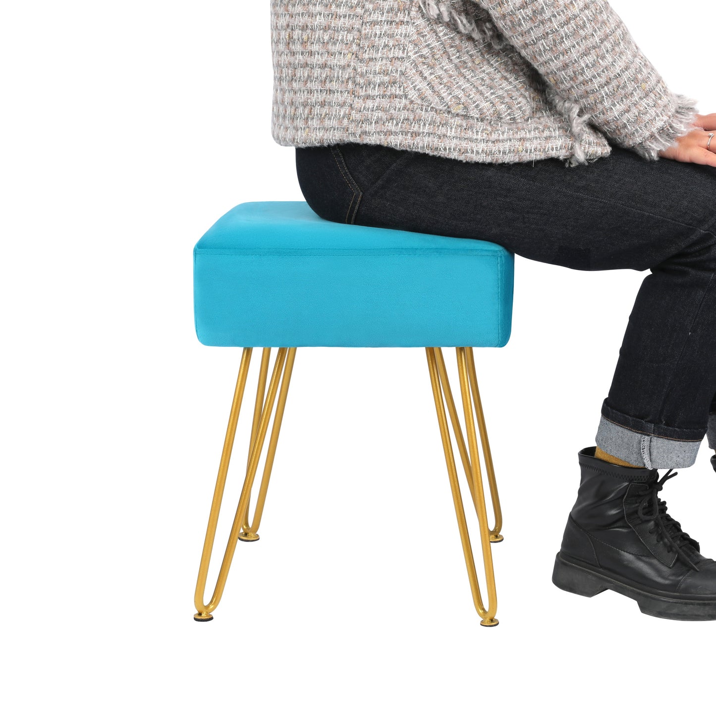 Repose-pieds de Maquillage Tabouret Coiffeuse  en Velours 33 L x 33l x 42H cm Bleu et Doré