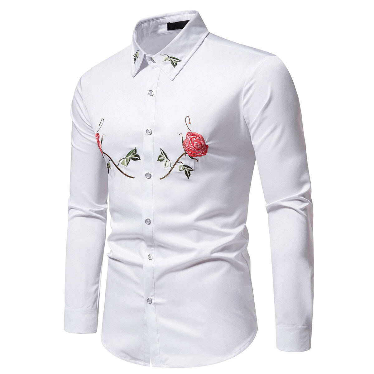 YOUTHUP Mens Embroidered Rose Shirt Casual Long Sleeve Slim Tops
