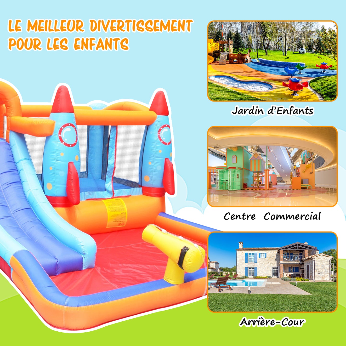 Toboggan gonflable avec piscine pour 3 Enfants Aire de jeux gonflable 370x260x185cm Poids Portant 90KG