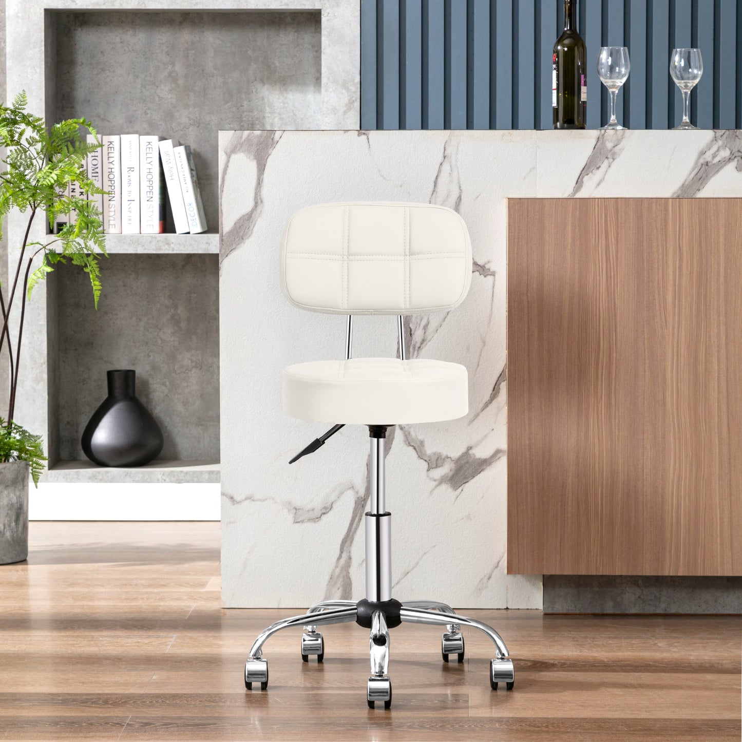 Tabouret de Bar Rond à roulettes Pivotant 360° de Massage  EN HAUTEUR REGLABLE pour SPA ,Salon ,Salle ,Médicale Blanc