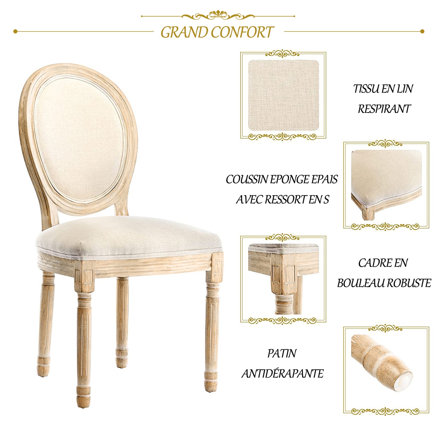 Chaise Médaillon Lot de 2, Chaise de Salle à Manger de Style Louis-XVI en Tissu Lin, Chaises de Dîner Dossier Doux , Beige