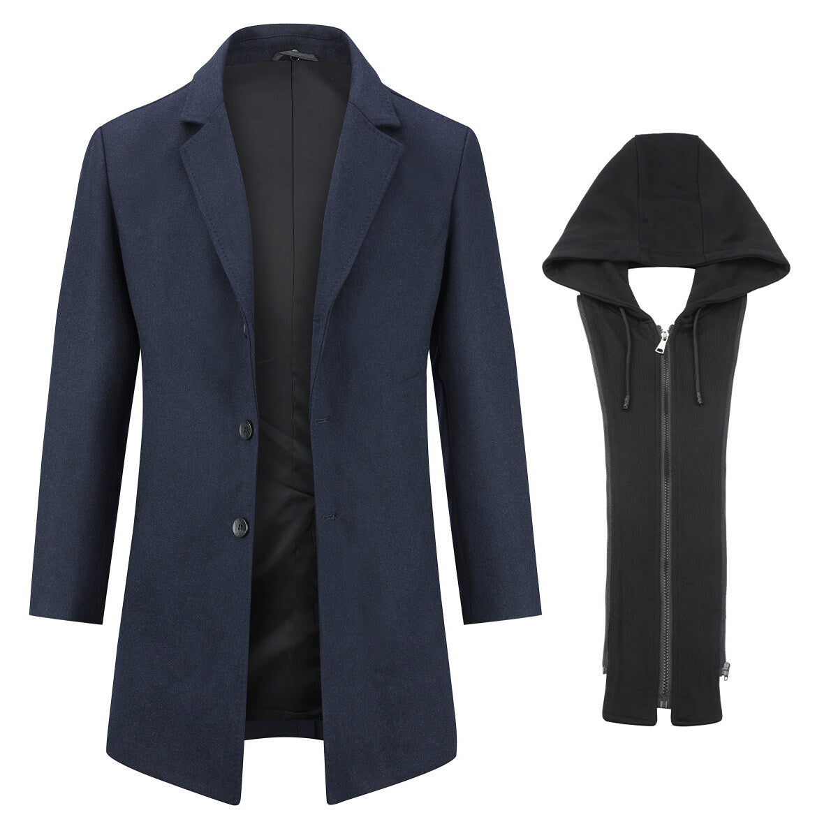 Youthup Mens Slim Fit Wool Coat Elegant Removable Hood Trench Overcoat