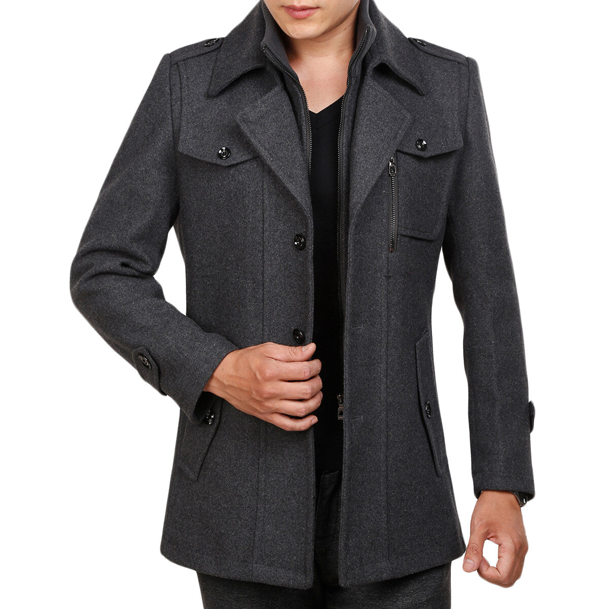 Youthup Mens Fake Two-Piece Neck Slim Fit Wool Pea Coat