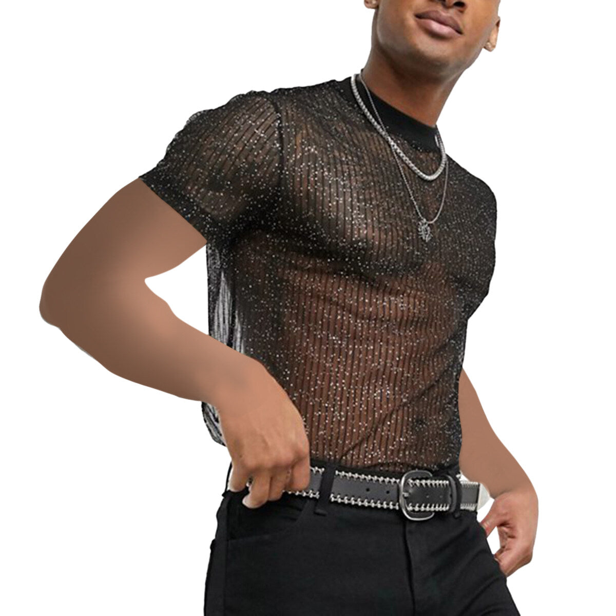 Youthup Mens Shiny Sequin Sheer Pullover Short Sleeve T-Shirt