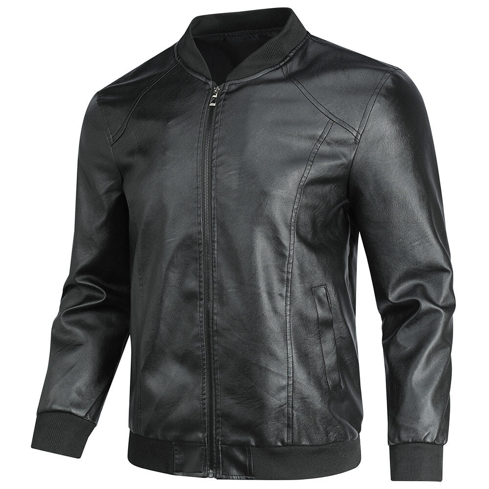 Youthup Mens Round Neck Motorcycle Cropped Leather Jacket
