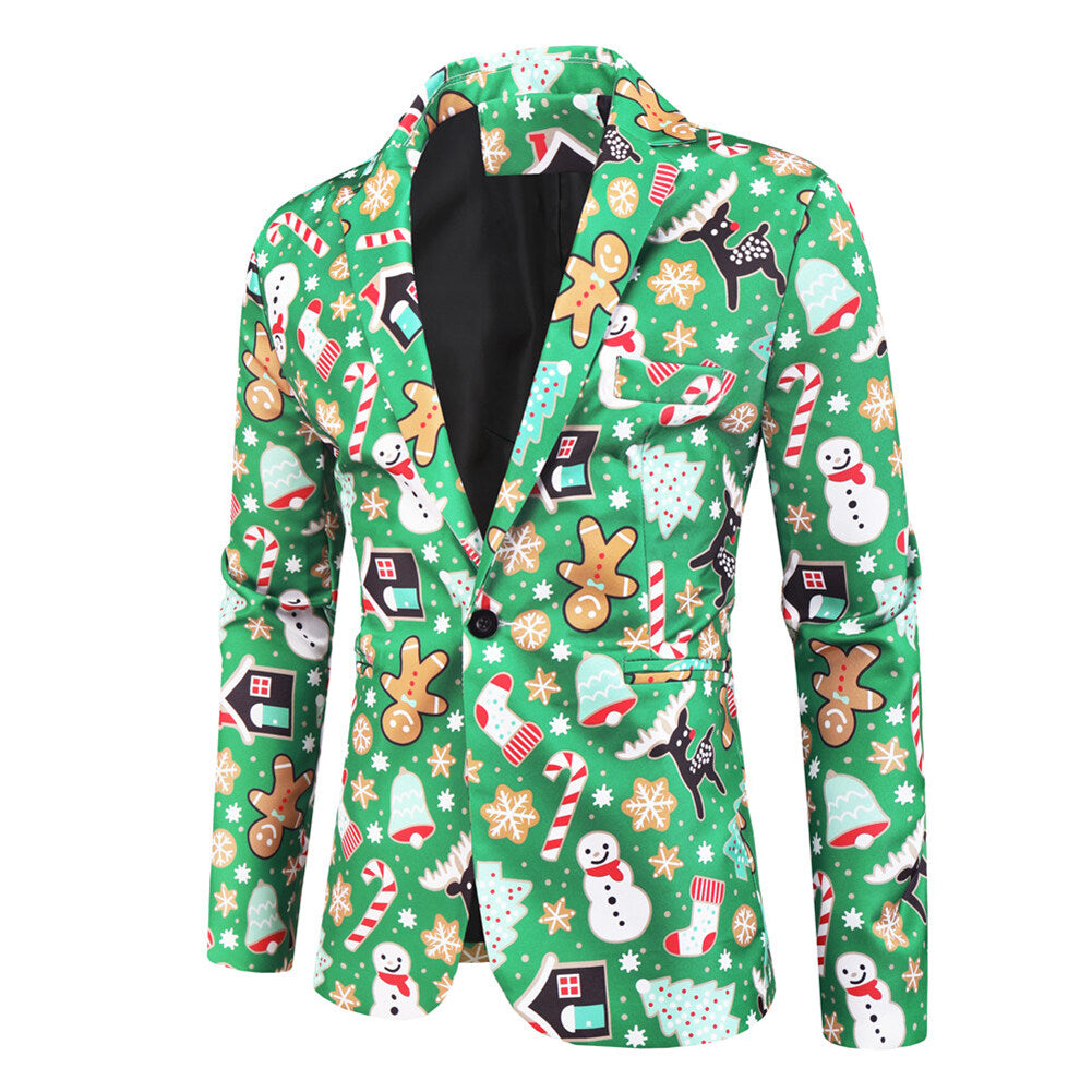 YOUTHUP Mens 3 Piece Suit Christmas Gingerbread Man Print Single Breasted Holiday Dress for Dinner or Party