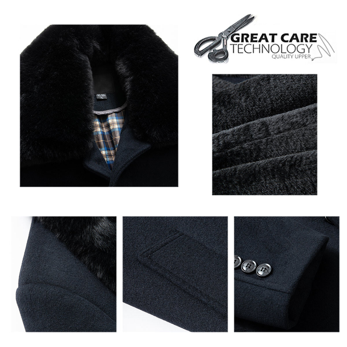Youthup Mens Wool Blend Thick Four Button Slim Fit Detachable Fur Collar Coat