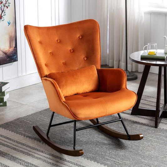 Fauteuil à Bascule  Rembourré en Velours Moderne  pour Salon, Chaise à Bascule à Dossier Haut avec Pieds en Bois, ORANGE