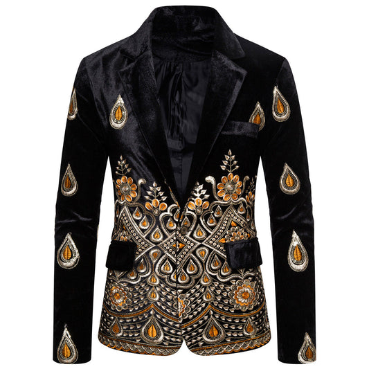 Youthup Mens Slim Fit Velvet Embroidery Party Evening Wedding Suit Blazer