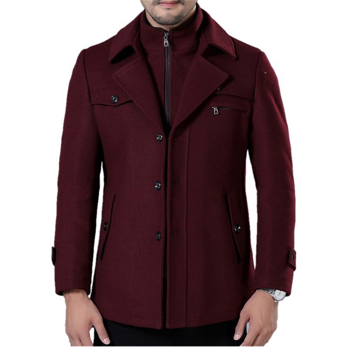 Youthup Mens Short Overcoat Fake Two-Piece Wool Jacket