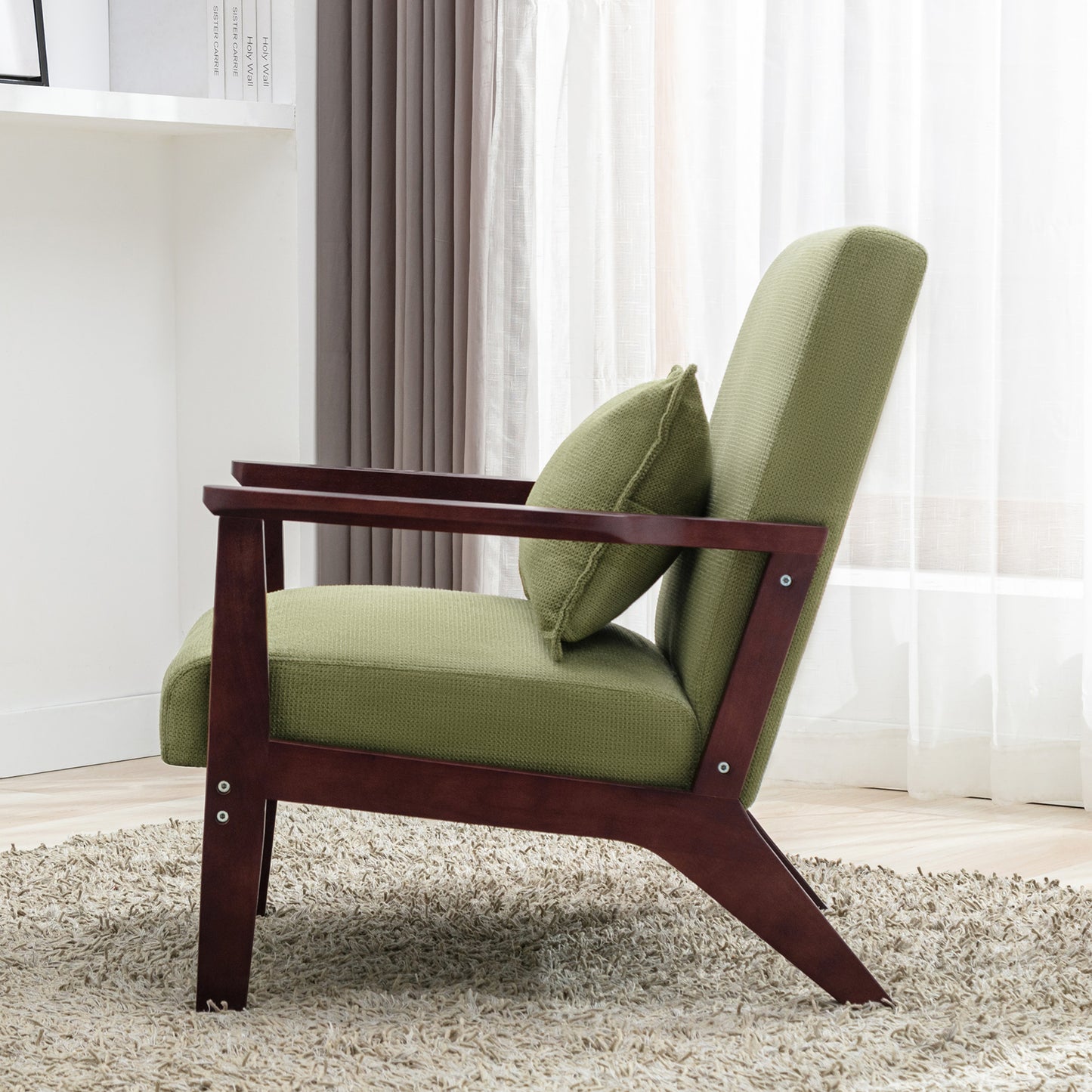 Fauteuil  tapisé style vintage Fauteuil en bois Massif de bureau de chambre à coucher, 68.5 x 81 x 80 cm en Tissu de Lin Vert