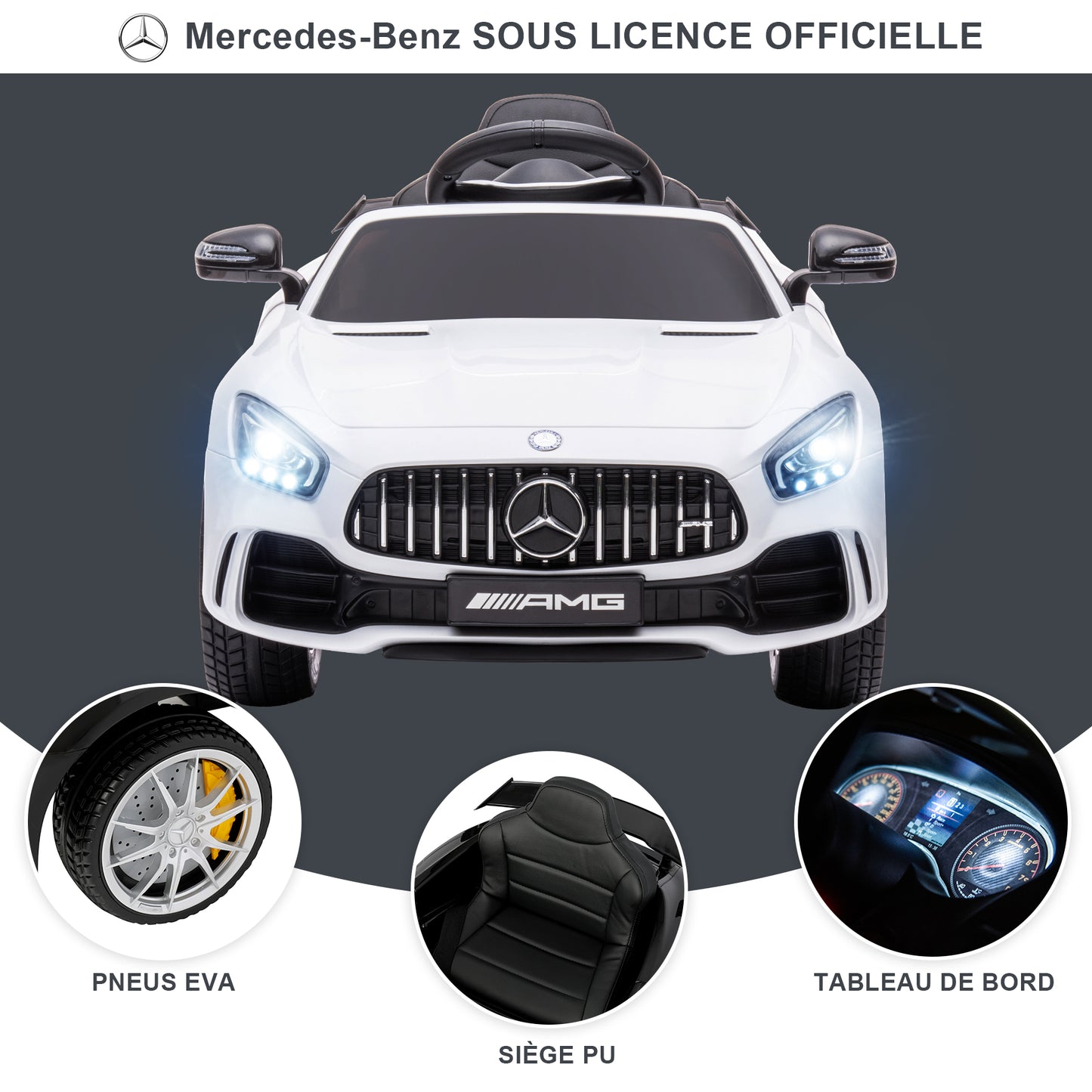 Voiture Electrique Mercedes-AMG GTR pour Enfant 3ans+,avec 2.4G Télécommande 2x15W 12V Vitesse 2km/h 25KG Portante, Blanc