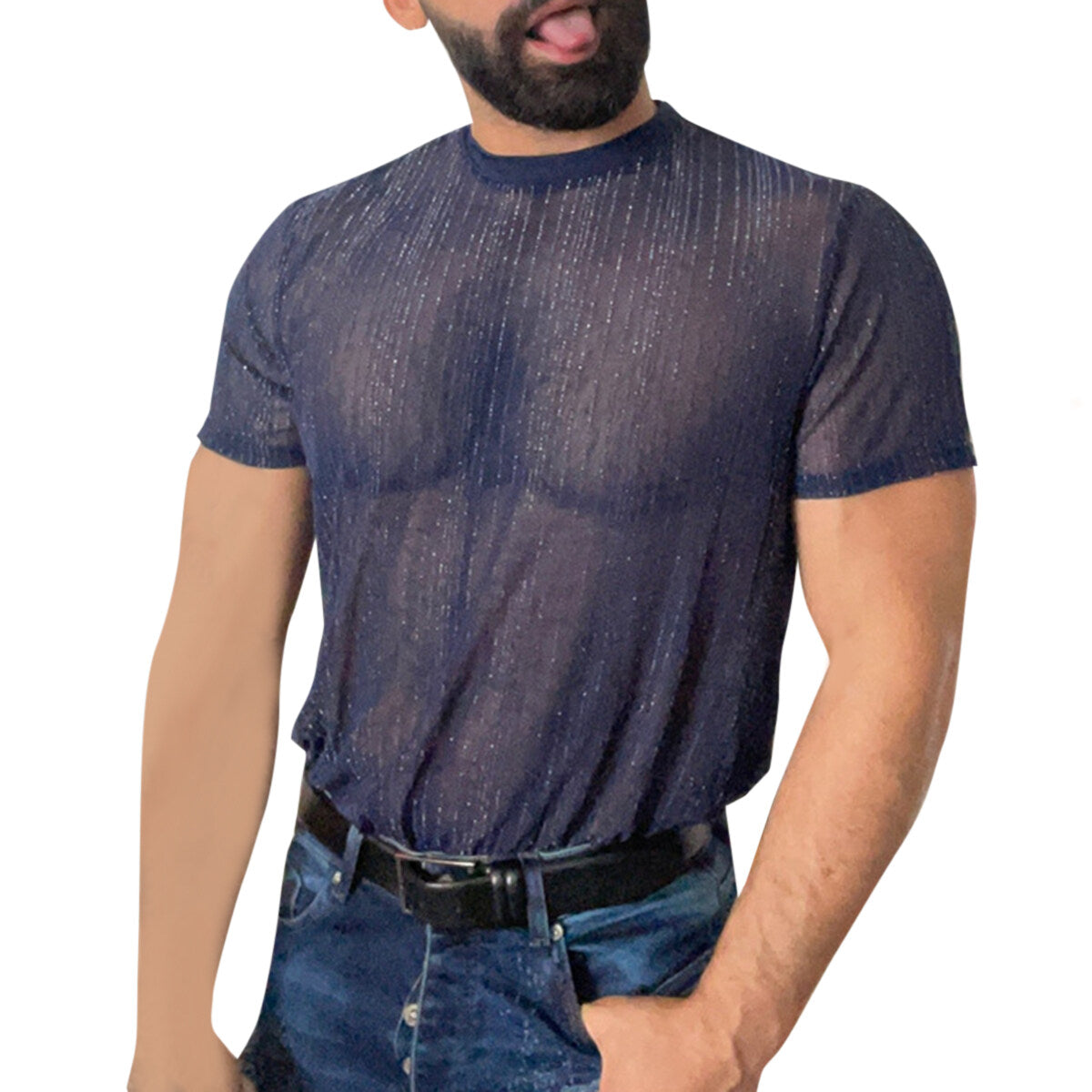 Youthup Mens Shiny Sequin Sheer Pullover Short Sleeve T-Shirt