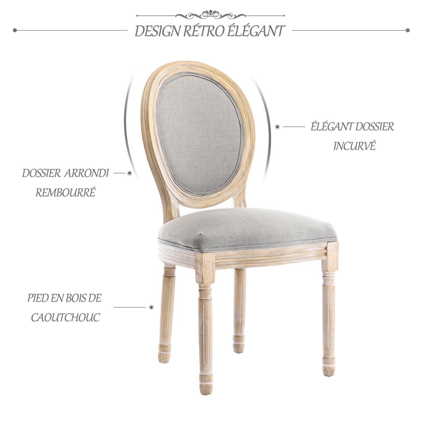 Chaise Médaillon Lot de 2, Chaise de Salle à Manger de Style Louis-XVI en Tissu Lin,Chaises de Dîner Dossier Doux,Gris