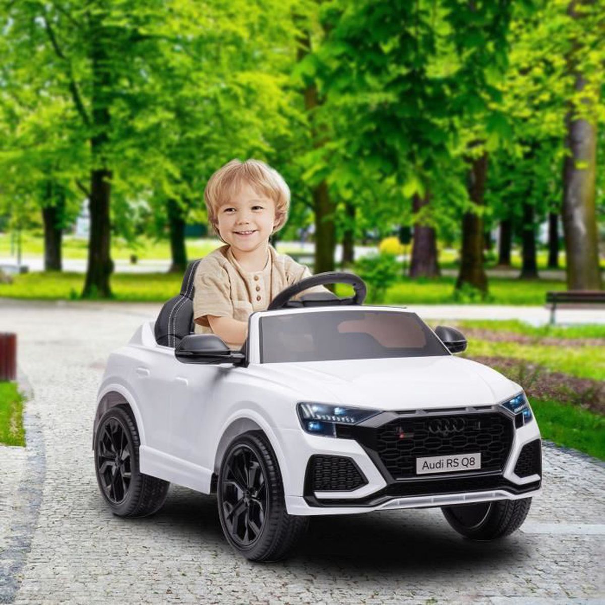 Voiture Electrique Enfant de 3ans au Style Audi Q8 avec Télécommande 2.4G -12V Moteur 35Wx2 Vitesse Max. 3km/h Roue EVA MP3, Blanc
