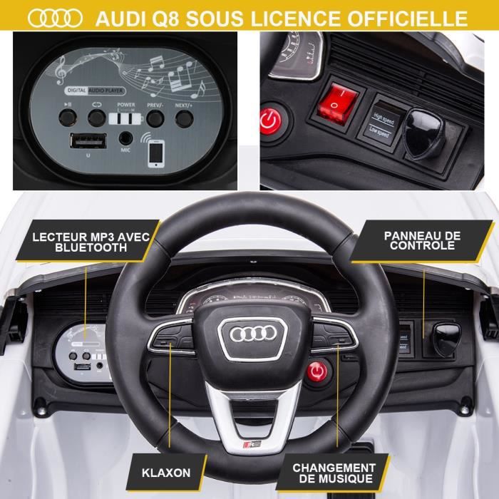 Voiture Electrique Enfant de 3ans au Style Audi Q8 avec Télécommande 2.4G -12V Moteur 35Wx2 Vitesse Max. 3km/h Roue EVA MP3, Blanc