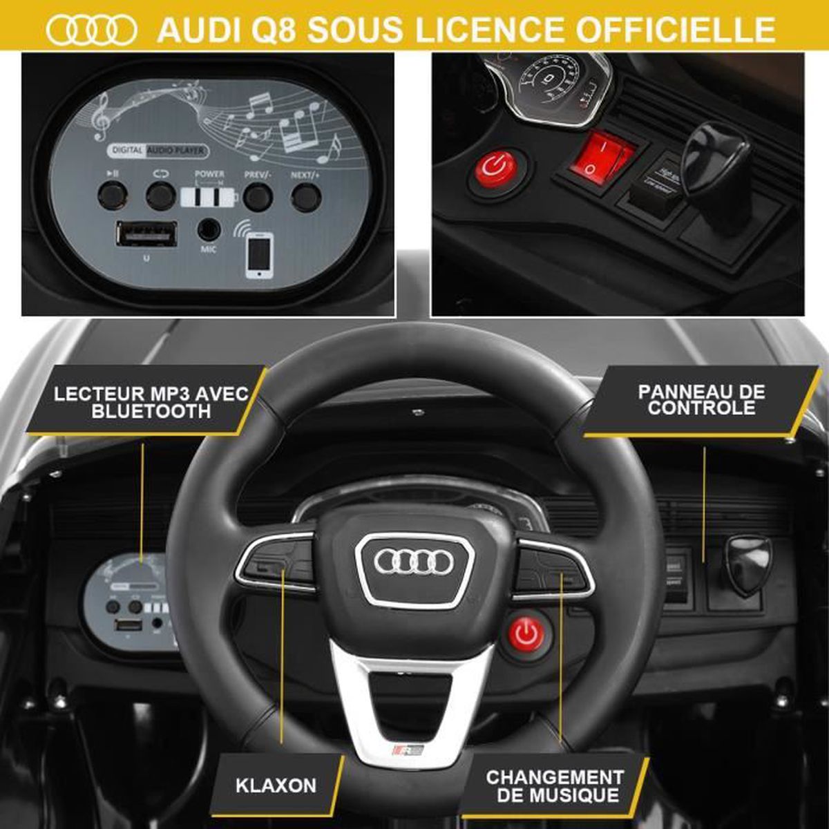 Voiture Electrique Enfant de 3ans au Style Audi Q8 avec Télécommande 2.4G -12V Moteur 35Wx2 Vitesse Max. 3km/h Roue EVA MP3, Noir