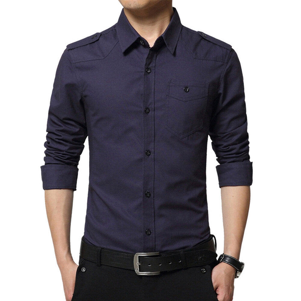 YOUTHUP Mens Casual Shirt Cotton Long Sleeve Military Slim Fit Top with Epaulette