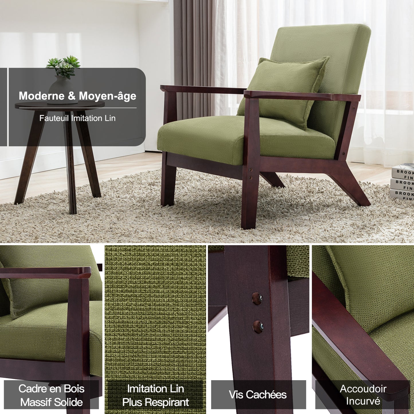 Fauteuil  tapisé style vintage Fauteuil en bois Massif de bureau de chambre à coucher, 68.5 x 81 x 80 cm en Tissu de Lin Vert