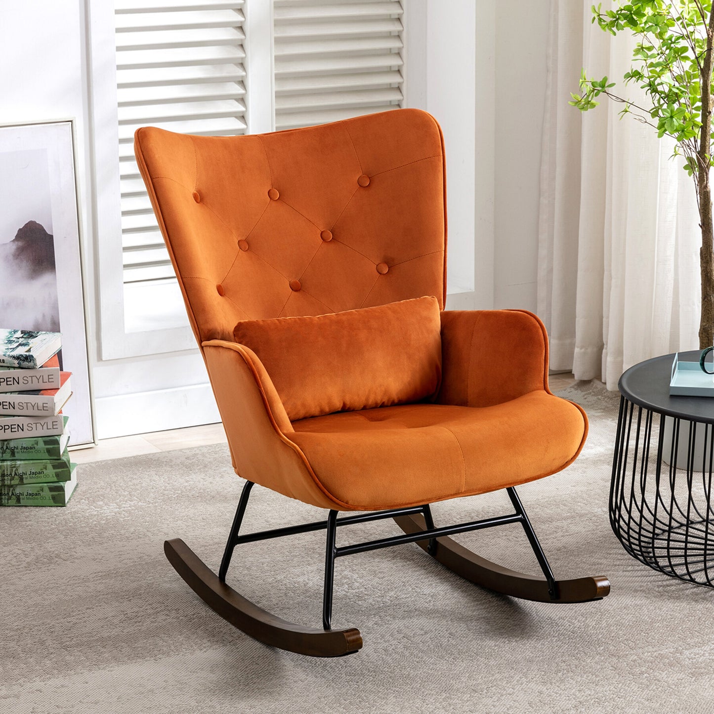 Cadeira de Balanço HomeMiYN com Banco Acompanhante (87x66x90cm - Metal/Madeira - caramelo)
