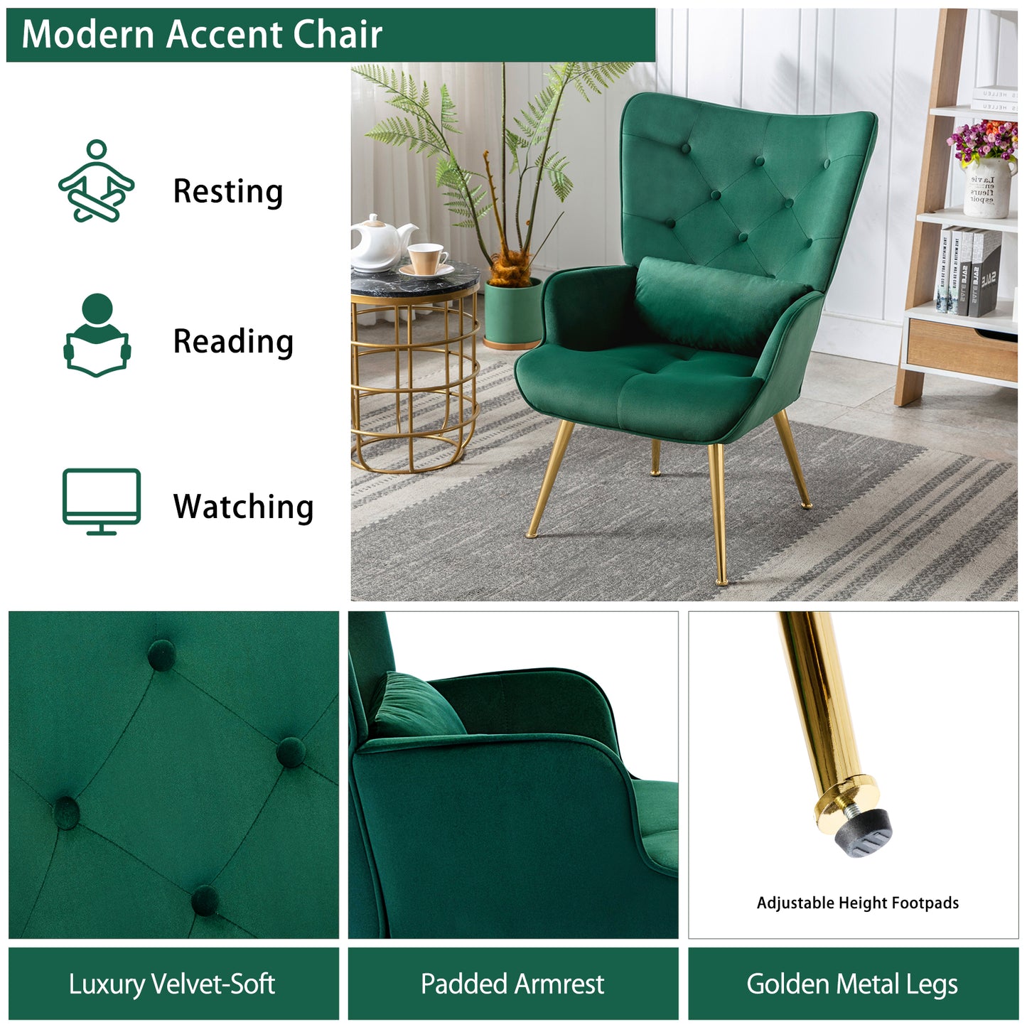 Fauteuil de Salon Scandinave avec Oreiller Lombaire Fauteuil Style Moderne en Tissu Velours pour Salon, Chambre Vert Foncé