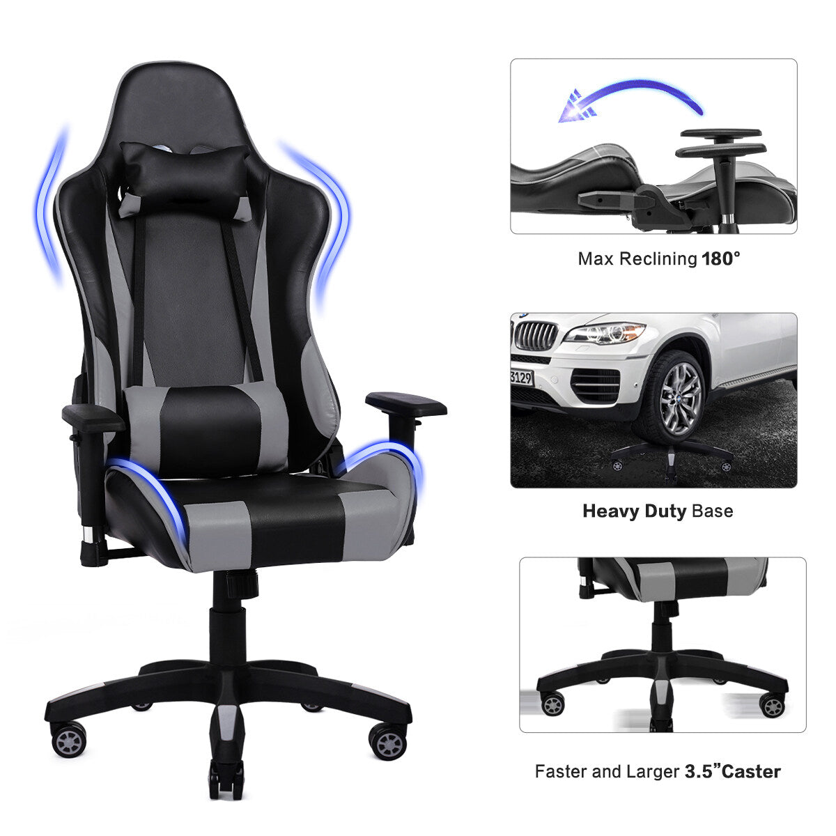 Cadeira Gamer HOMEMIYN (56x68x135 cm - Couro PU - cinza)