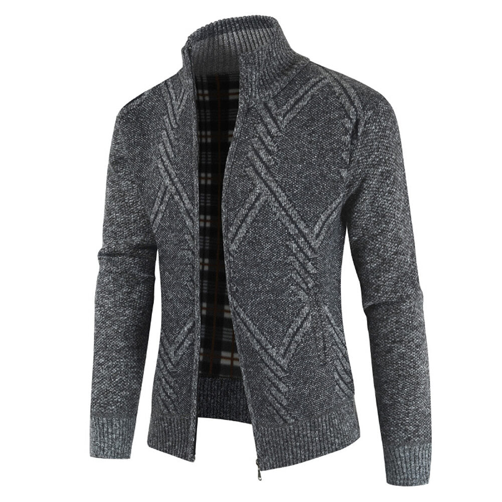 Youthup Mens Fleece Stand Collar Geometric Pattern Knitted Cardigan