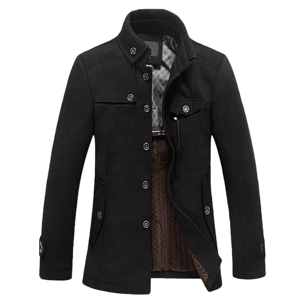 Youthup Mens Mid-Length Velvet Knitted Stand-Collar Fleece Wool Overcoat