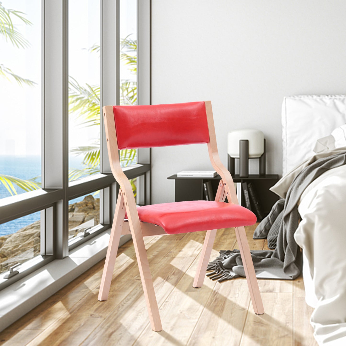 Lot de 2 Chaises Pliantes , Assise rembourrée en Cuir+Jambes en Bois Massif pour Salle à Manger, Salon, Balcon 48x42x80cm Rouge
