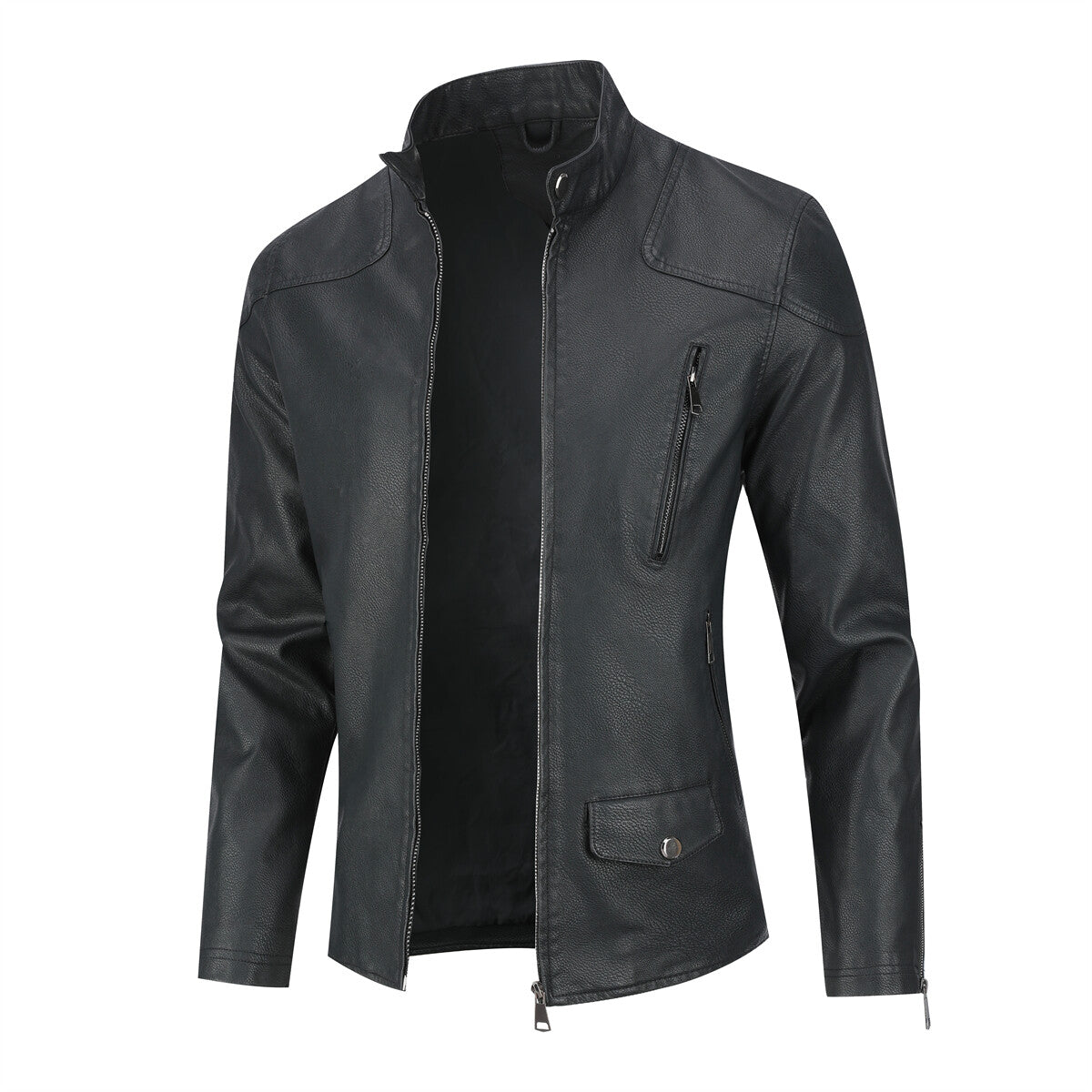 Youthup Mens One Side Pockets Trim Slim Fit Leather Jackets