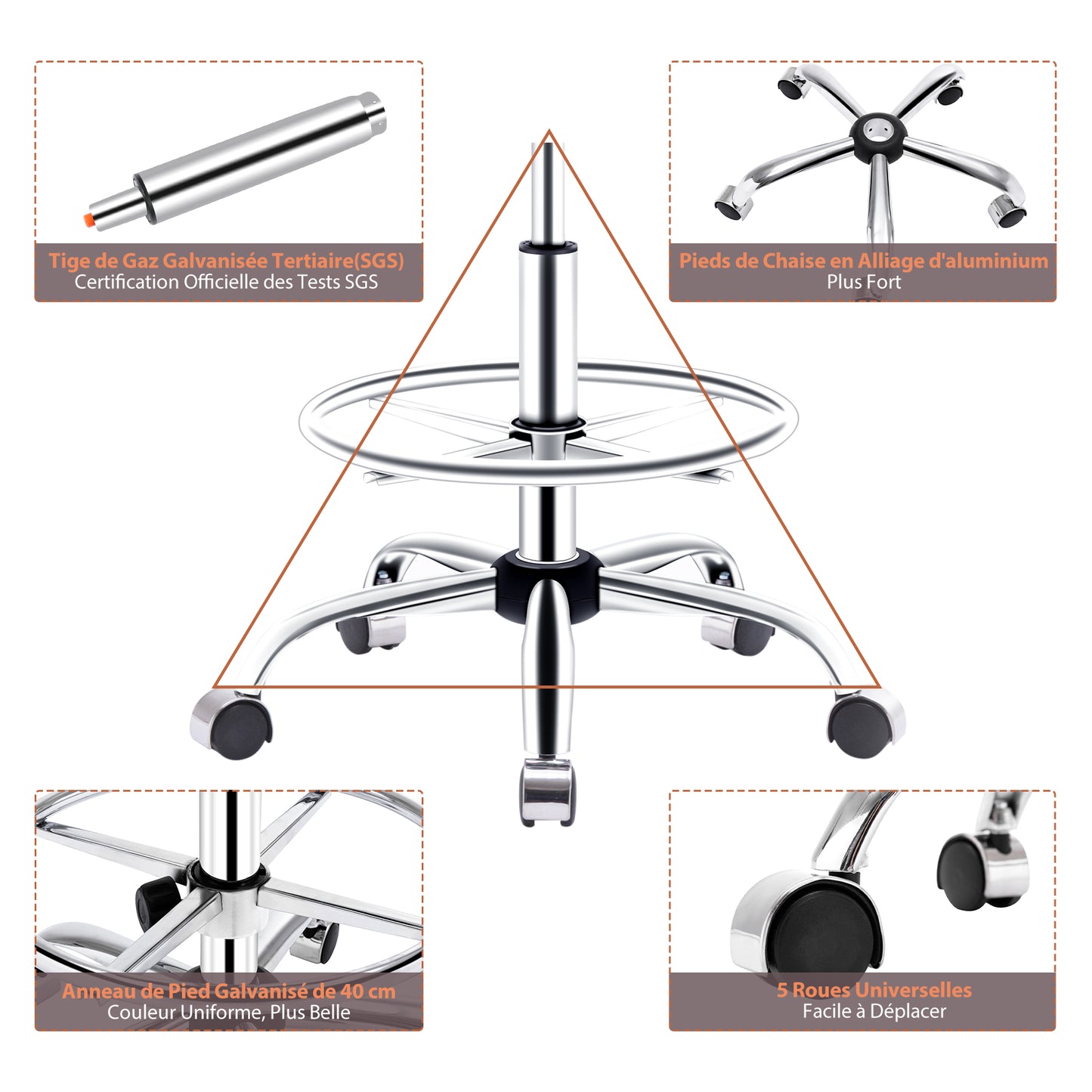 Tabouret roulettes avec Dossier et Anneau en Métal, Tabouret  Rotation à 360° Hauteur Réglable 63-76cm, Tabouret Ergonomique Noir