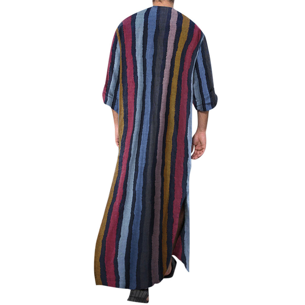 Youthup Mens Striped Color Block Robe Lightweight Cotton Long Nightdress