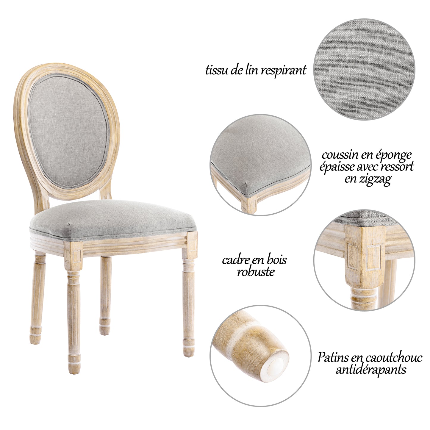 Chaise Médaillon Lot de 2, Chaise de Salle à Manger de Style Louis-XVI en Tissu Lin,Chaises de Dîner Dossier Doux,Gris
