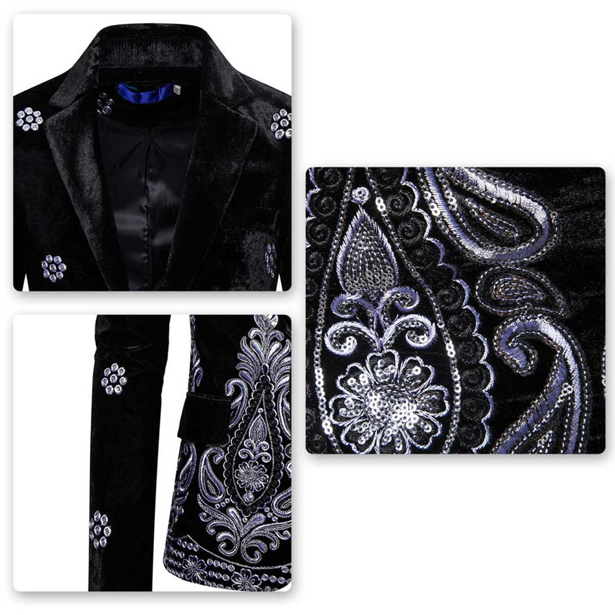 Youthup Mens Velvet Embroidered Jacket Show Party Evening Suit Blazer
