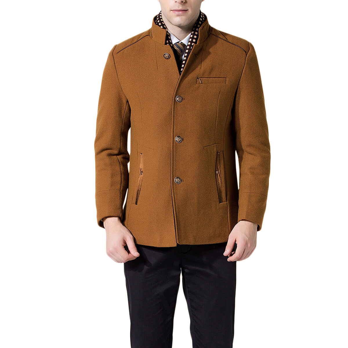 Youthup Mens Slim Fit Double Collar Wool Coat