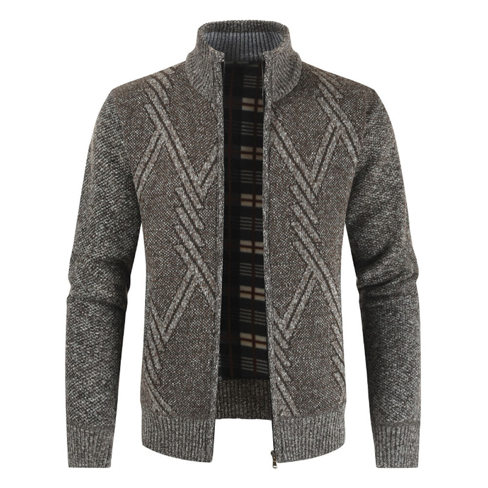 Youthup Mens Fleece Stand Collar Geometric Pattern Knitted Cardigan