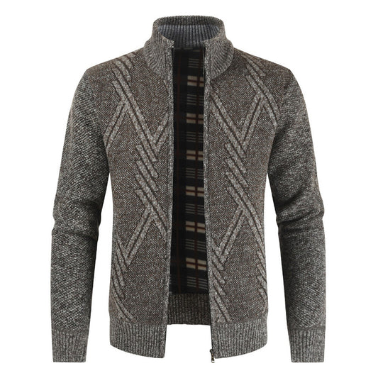 Youthup Mens Fleece Stand Collar Geometric Pattern Knitted Cardigan