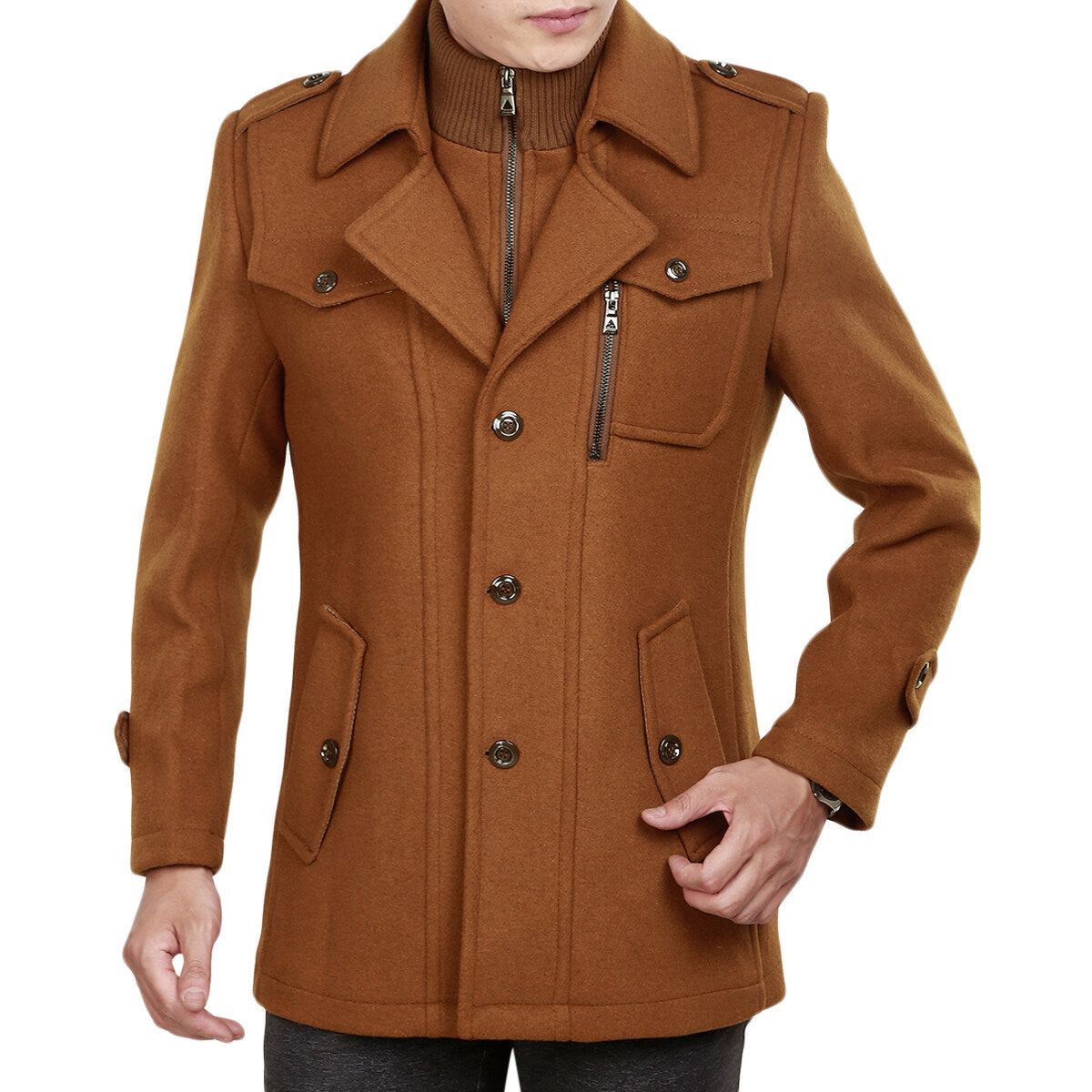 Youthup Mens Fake Two-Piece Neck Slim Fit Wool Pea Coat