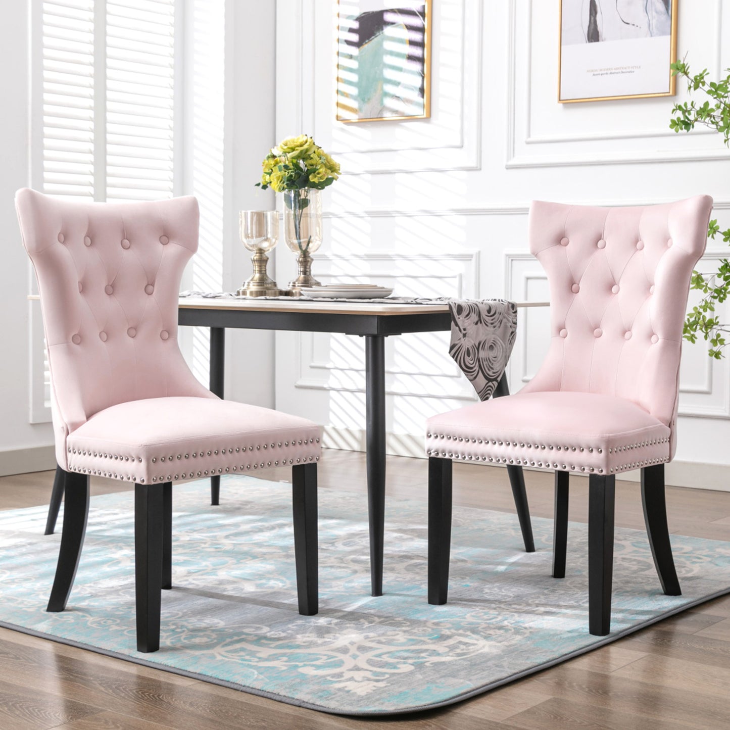 Lot de 2 Chaise de Salle a Manger Capitonnées en Velours, Chaise Confortable avec Rembourrage Épais et Pieds en Bois d'Hévéa,  Rose