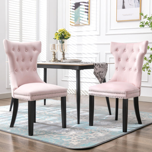 Lot de 2 Chaise de Salle a Manger Capitonnées en Velours, Chaise Confortable avec Rembourrage Épais et Pieds en Bois d'Hévéa,  Rose