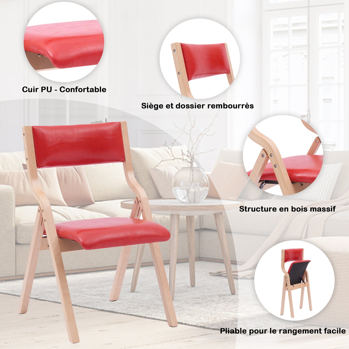 Lot de 2 Chaises Pliantes , Assise rembourrée en Cuir+Jambes en Bois Massif pour Salle à Manger, Salon, Balcon 48x42x80cm Rouge