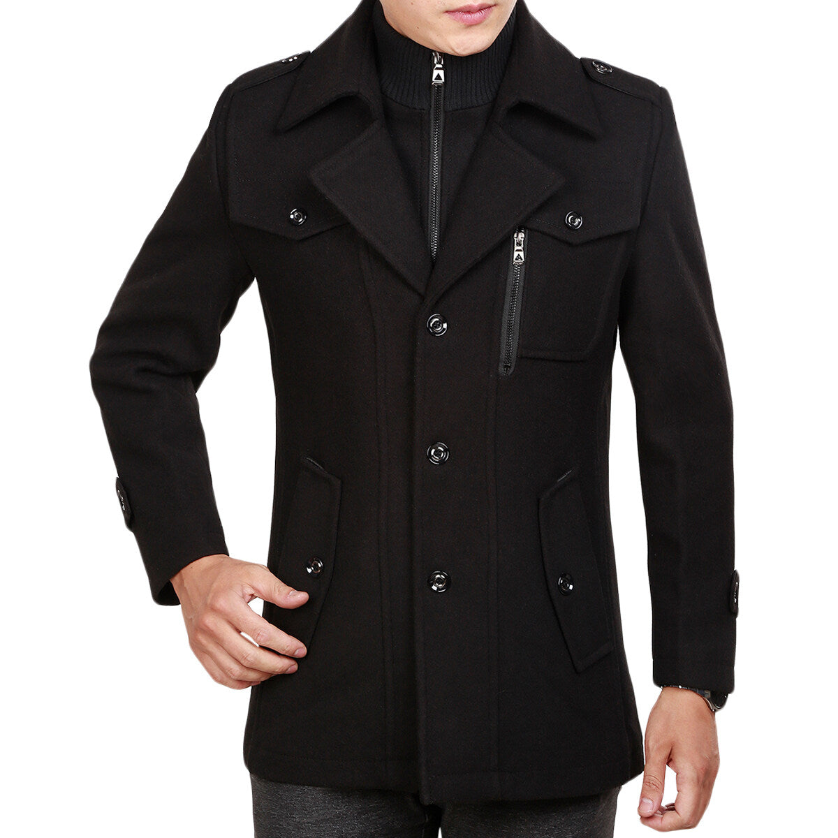 Youthup Mens Fake Two-Piece Neck Slim Fit Wool Pea Coat